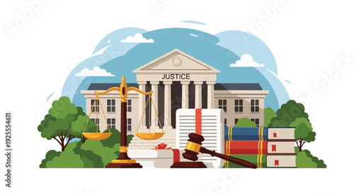 Modern vector illustration of courthouse building with gavel, scales and legal book combined representing law authority, fairness and complete justice system concept
