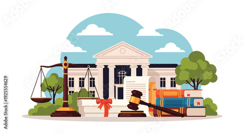 Modern vector illustration of courthouse building with gavel, scales and legal book combined representing law authority, fairness and complete justice system concept