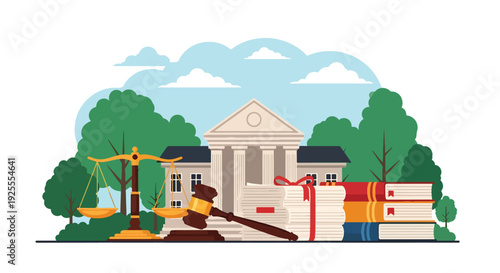 Modern vector illustration of courthouse building with gavel, scales and legal book combined representing law authority, fairness and complete justice system concept