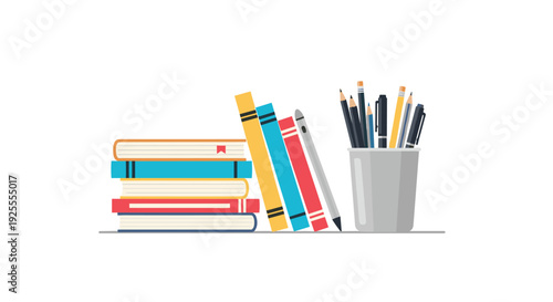 A collection of colorful books stacked and leaning next to a gray pencil holder filled with various writing instruments on a white background.