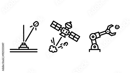 Wallpaper Mural Stylized outline icons showing a satellite dish, a satellite in space, and a robotic arm, representing space exploration, communication, and automation concepts. Torontodigital.ca