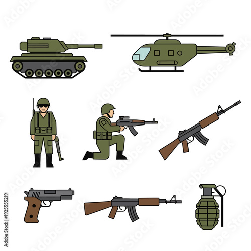 Military Equipment and Soldiers: Tank, Helicopter, Weapons, Grenade, and Soldiers