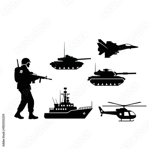 Military forces collection: soldier, tanks, jet, helicopter, and ship silhouettes
