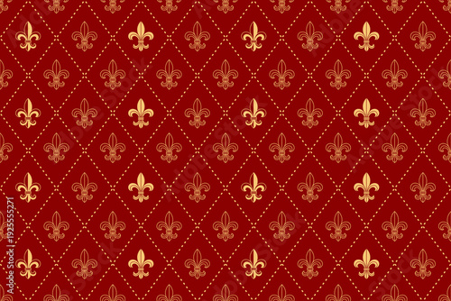  Fleur de lis Seamless pattern background with red and gold colors