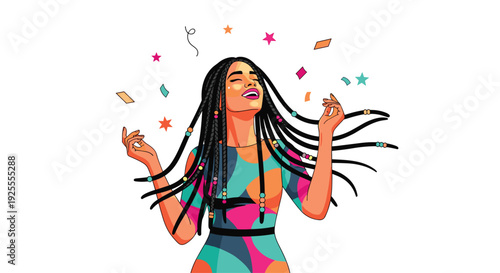 A joyful woman with long beaded braids and a colorful patterned dress celebrating with her eyes closed amidst falling confetti and stars.