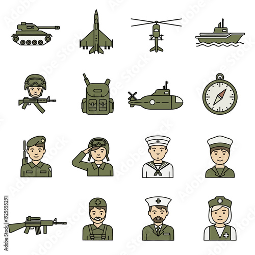 Military Icons Set: Army, Navy, Air Force Personnel, Vehicles, and Equipment