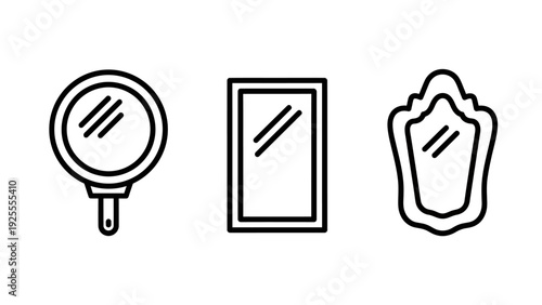 Collection of three mirror icons in outline style: a hand mirror, a rectangular mirror, and an ornate decorative mirror.