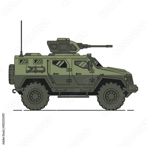 Green Armored Military Vehicle with Machine Gun Turret - Side View Illustration