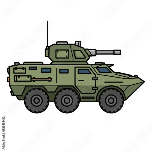 Green Armored Military Vehicle with Turret and Cannon on Wheels