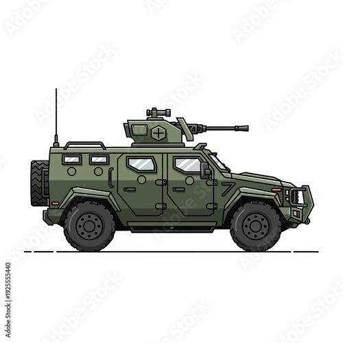 Green armored military vehicle with machine gun turret, side view, cartoon style