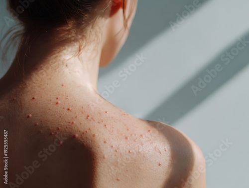 Close-up of a woman's back with red inflammatory acne and skin irritation. Symbolizing dermatological struggles, hormonal imbalance, and body confidence issues.
