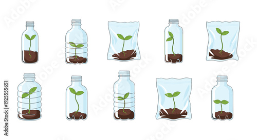 A flat vector illustration showing ten green seedlings growing in brown soil inside various clear plastic bottles and bags on a white background.