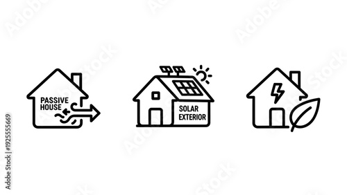 Set of three icons representing sustainable living and energy efficiency in homes: passive house, solar power, and eco-friendly energy.