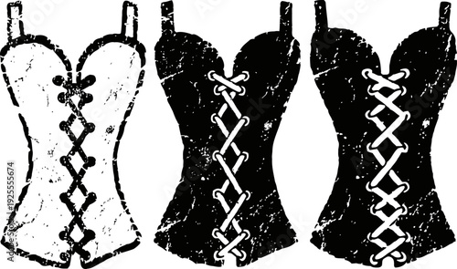 Vintage corset silhouette set three black and white lace up bodice designs for fashion illustration