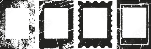 grunge distressed black frames set with textures and rough edges isolated on white background