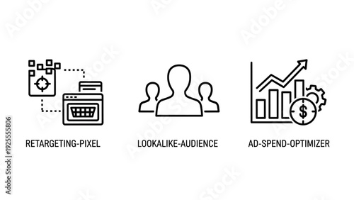 Digital marketing icons: retargeting pixel, lookalike audience illustration, and ad spend optimizer with graph and gear.