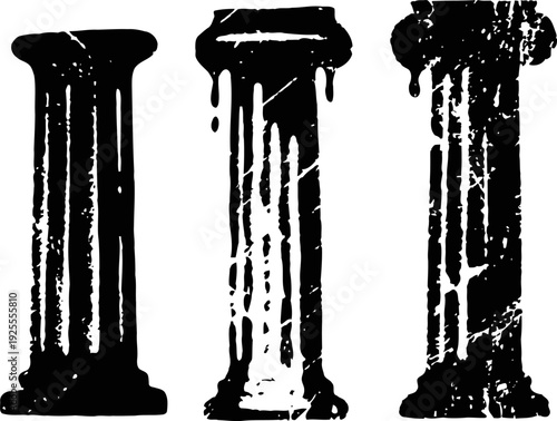 three distressed vintage columns isolated on white background with rough texture and worn edges