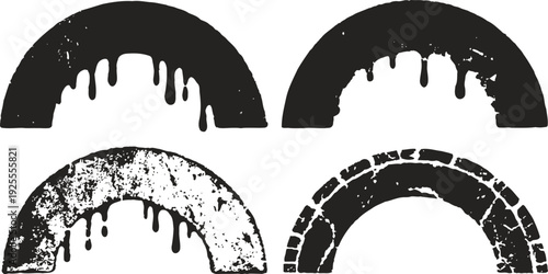 Grunge semicircle shapes with drip and cracked textures in black and white design