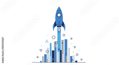 A vector illustration of a blue rocket launching vertically above a bar chart composed of blue and grey columns with floating geometric shapes.