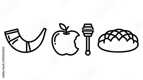 Rosh Hashanah symbols: shofar horn, apple with honey dipper, and challah bread for Jewish New Year celebration.