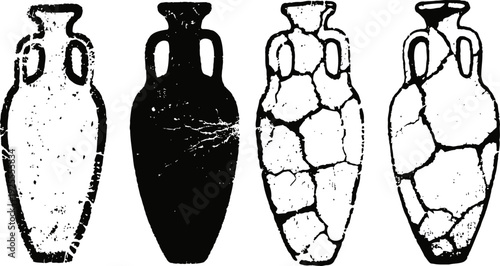 Ancient amphora silhouette and cracked pottery vessel vector set in black and white