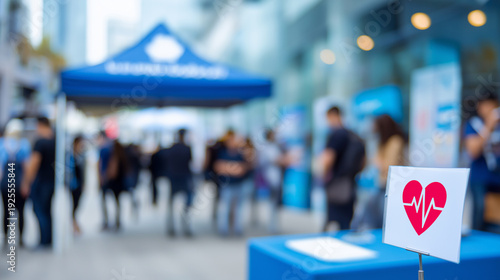Blurred Public Healthcare Event or Medical Fair in City Plaza with Heart Rate Icon Sign in Focus Representing Community Wellness Outreach and Public Health Awareness Program