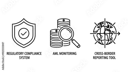 Financial compliance and security icons: shield with checkmark, AML monitoring with coins and magnifying glass, and cross-border reporting with globe and arrows.