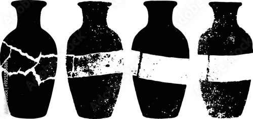Set of cracked and worn ancient jars silhouette with weathered texture design elements