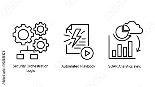 IT automation and security icons: orchestration logic with gears, automated playbook with play button, and SOAR analytics sync with cloud.