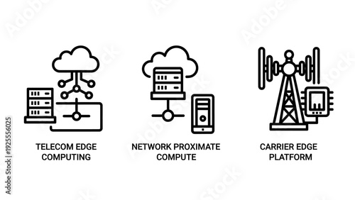 Telecom and network edge computing icons: edge server with cloud, network proximate compute with phone, and carrier edge platform tower.