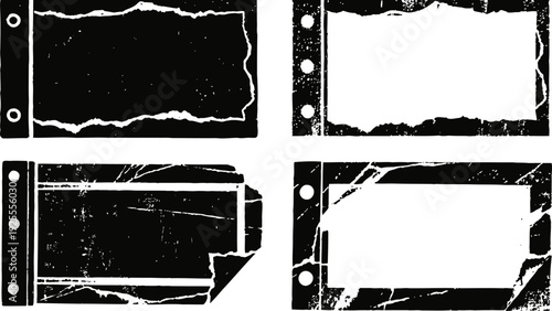 Grunge torn paper edges set with black and white distressed textures and binder holes