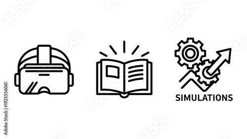 Futuristic VR headset, open book, and gears with upward arrow symbolizing virtual reality, education, and business simulations. Clean vector icons for technology concepts.
