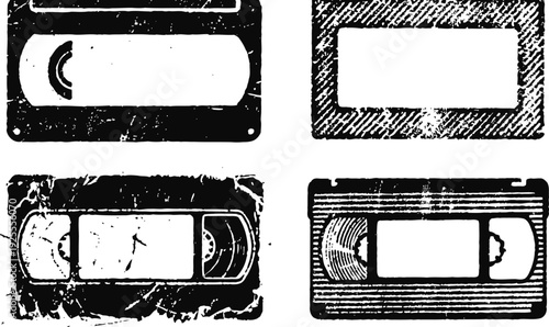 Retro vhs tape collection with distressed texture, vintage blank labels and worn design elements