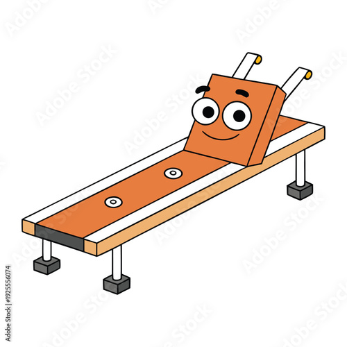 A sturdy wooden plank supports a compact machine, its gears and levers poised for action, blending raw timber with precise mechanical design in a simple, functional setup.
