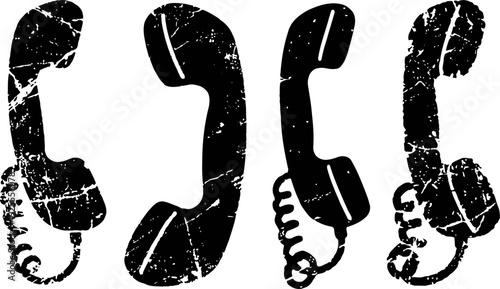 Grunge black vintage telephone handsets set isolated on white background, communication symbol