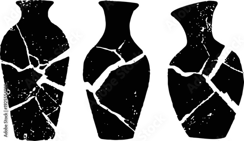 Cracked ancient vases silhouettes broken pottery shapes, vintage ceramic jars illustration