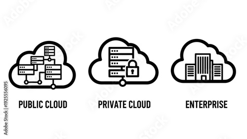 Cloud computing icons: public cloud network, private cloud with lock for security, and enterprise building. Vector graphics for IT infrastructure and data storage solutions.
