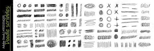 Hand-drawn pen scribbles and chaotic doodles create messy artistic strokes, circles, and squiggly lines with expressive marker textures for creative sketching projects