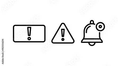 Set of icons representing alerts: warning sign in rectangle, exclamation mark in triangle, and notification bell. Vector graphics for notifications, errors, and important messages.