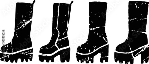 Silhouette of grunge platform boots with thick heels and rugged soles in vintage
