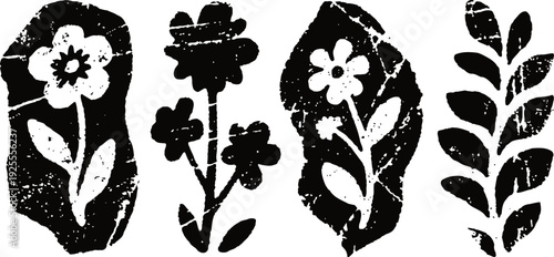 black and white floral stamps set with leaves and flowers in rustic vintage