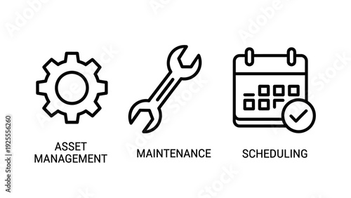 Icons for asset management gears, maintenance wrench, and scheduling calendar with checkmark. Vector graphics for business operations, planning, and upkeep.