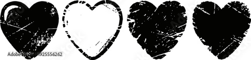 set of four grunge black heart shapes with rough textured edges and distressed look