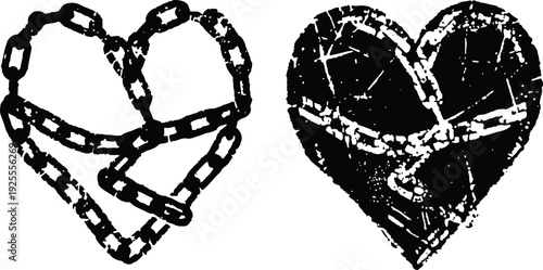 Two black distressed hearts chain wrapped heart and scratched heart isolated on white background