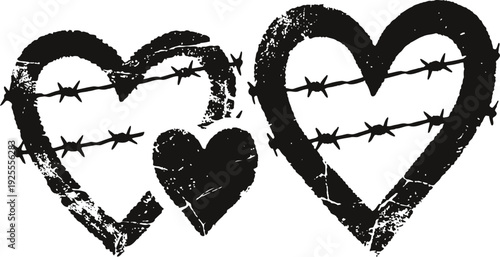 Grunge barbed wire hearts illustration in black and white, love and pain symbol, edgy concept design