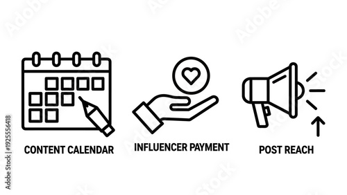 Marketing Icons: Content Calendar, Influencer Payment, and Post Reach, Visualizing Social Media Strategy