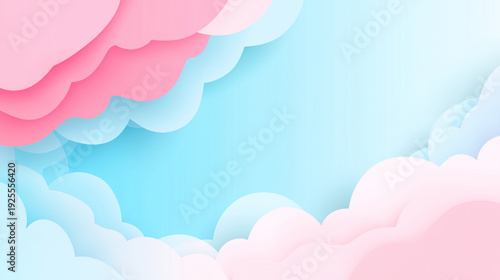 Soft pastel pink and blue paper cut clouds background for baby shower, maternity, health, dreaming, and childhood concept with empty copy space for text and creative design