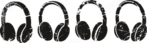 grunge black headphones silhouettes set music gadget symbols, audio device icons collection