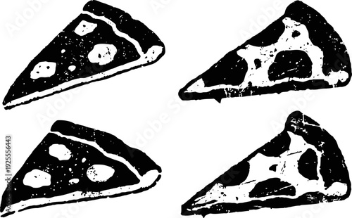 Hand drawn pizza slices illustration with melted cheese and toppings, simple black and white sketch