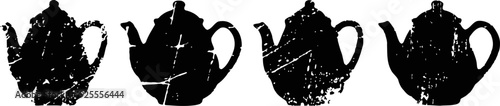 set of four black grunge teapot silhouettes with scratch texture isolated on white